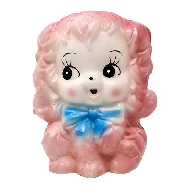 Vintage Cotton Candy Puppy Planter with Baby Blue Bow - Curio Memento