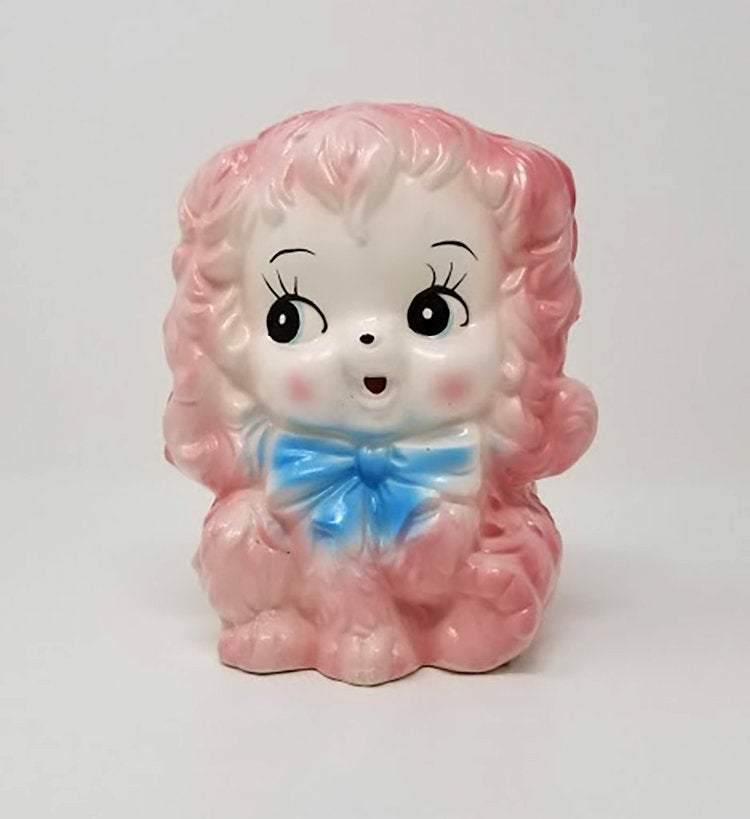 Vintage Cotton Candy Puppy Planter with Baby Blue Bow - Curio Memento