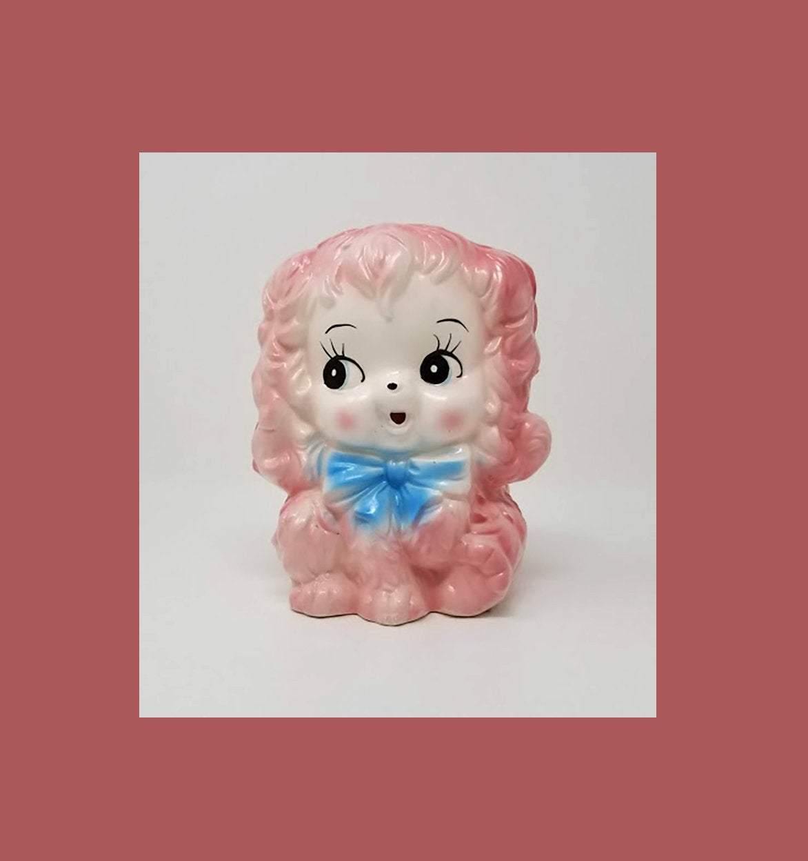 Vintage Cotton Candy Puppy Planter with Baby Blue Bow - Curio Memento