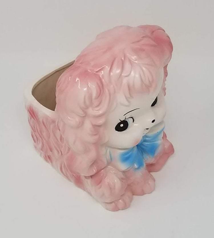 Vintage Cotton Candy Puppy Planter with Baby Blue Bow - Curio Memento