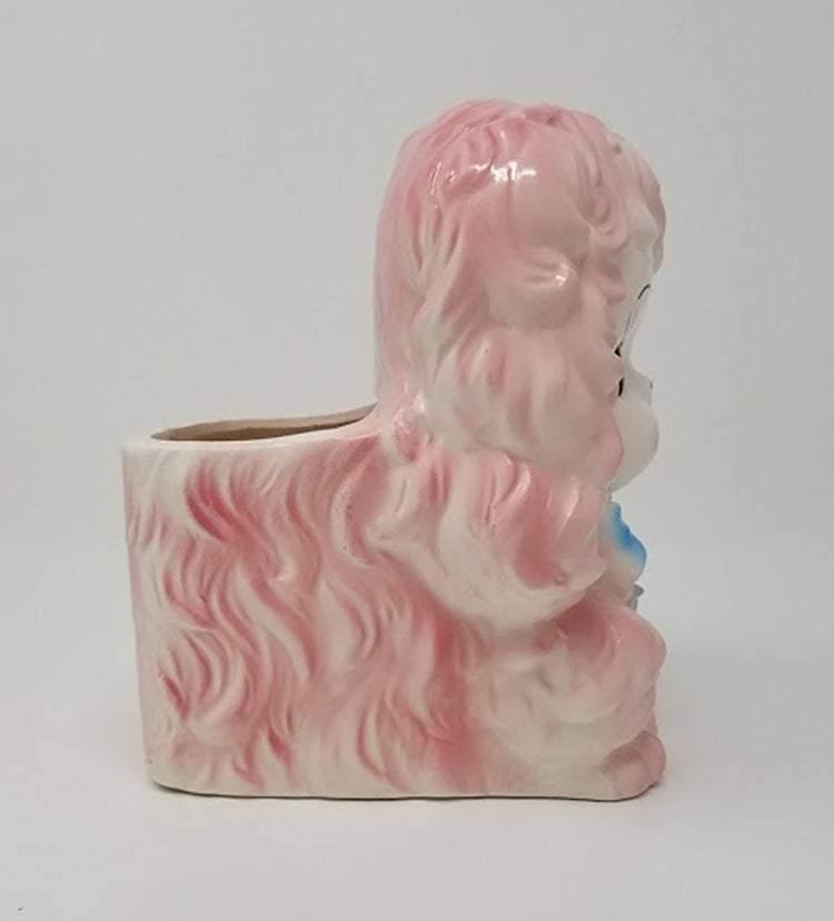 Vintage Cotton Candy Puppy Planter with Baby Blue Bow - Curio Memento