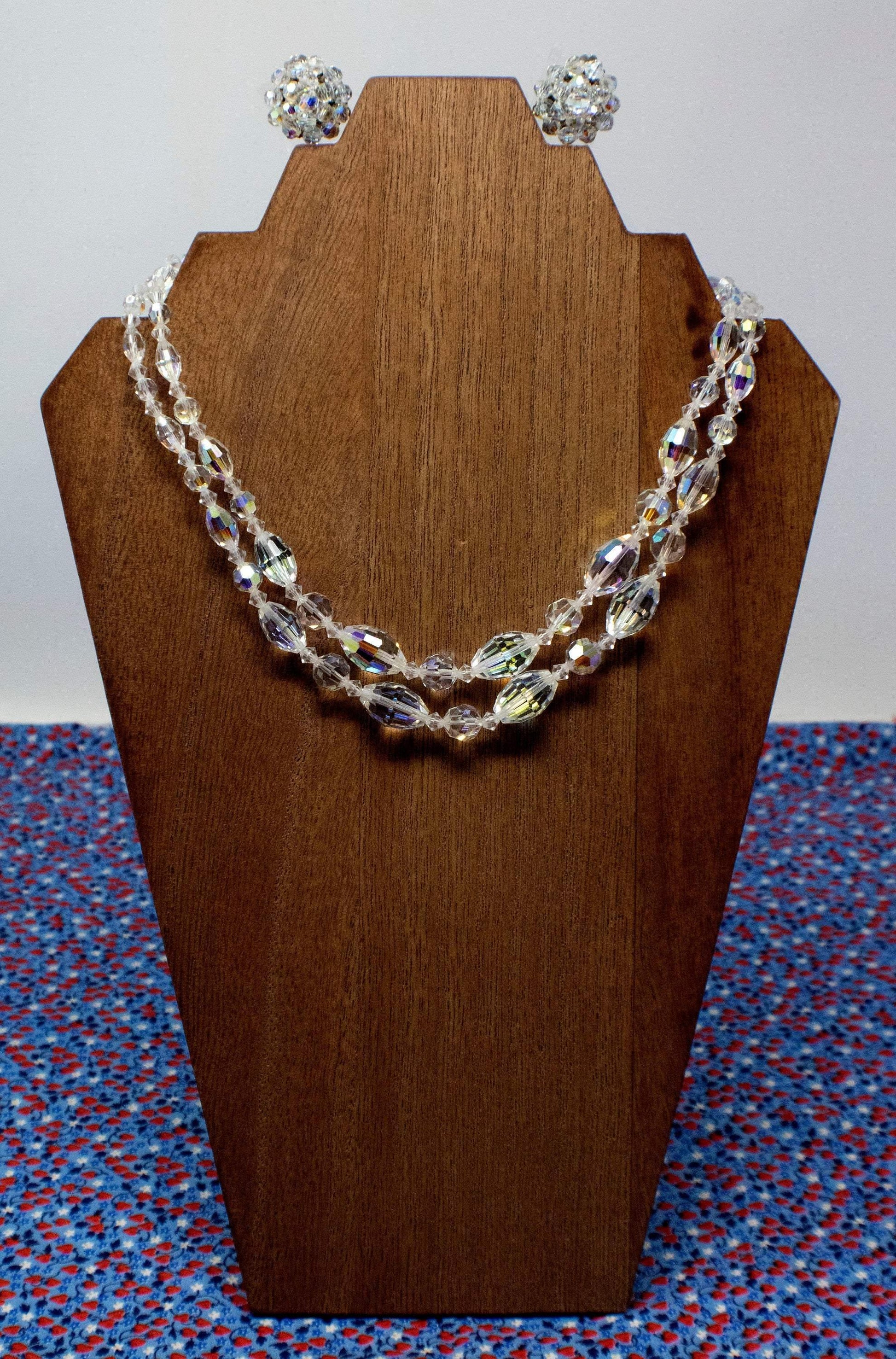 Parure - Beautiful Vintage Double Strand Aurora Borealis Crystal Necklace with Matching Earrings - Curio Memento