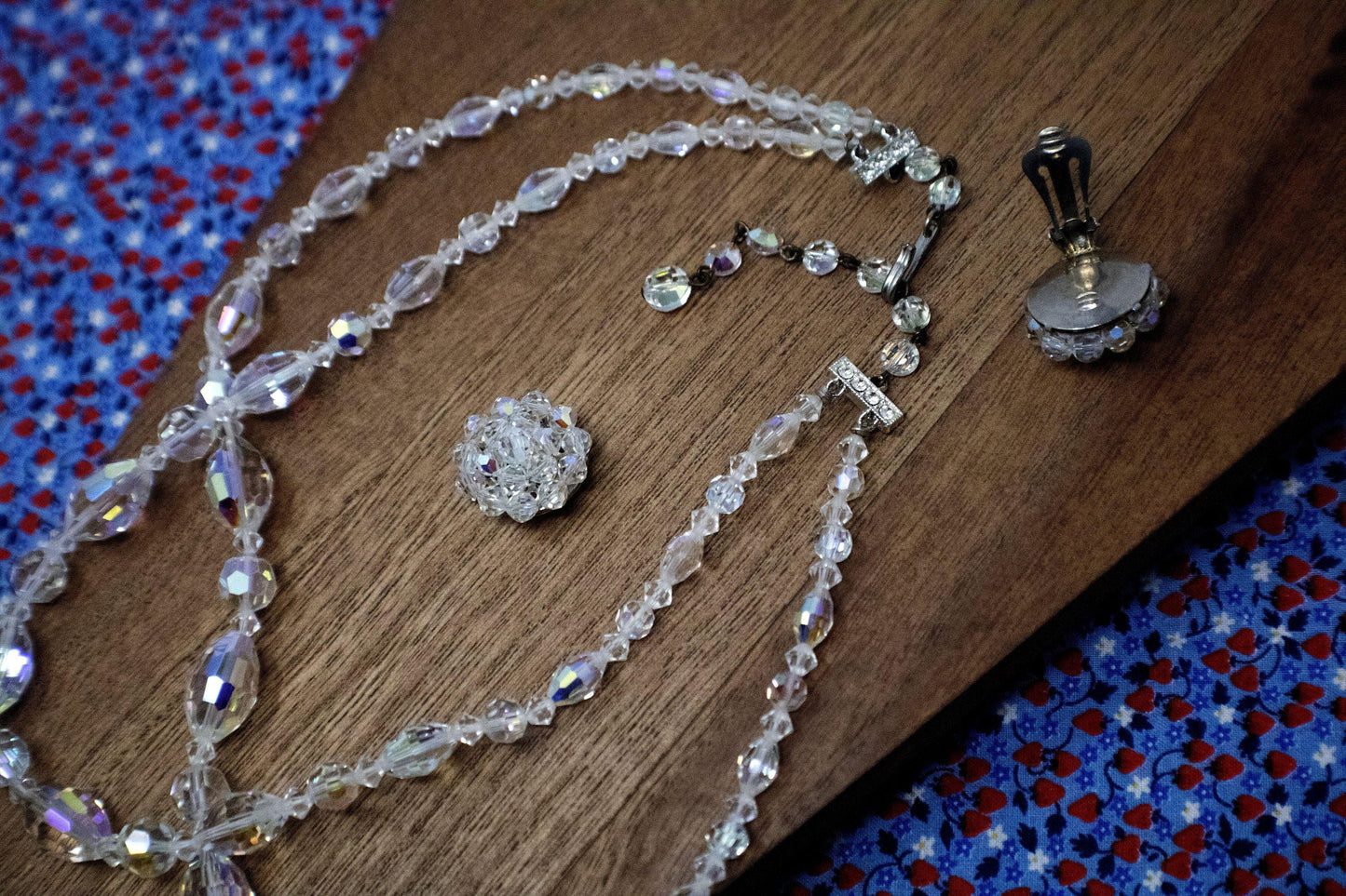 Parure - Beautiful Vintage Double Strand Aurora Borealis Crystal Necklace with Matching Earrings - Curio Memento