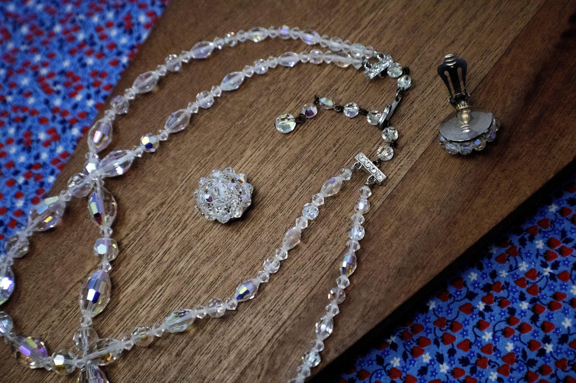 Parure - Beautiful Vintage Double Strand Aurora Borealis Crystal Necklace with Matching Earrings - Curio Memento
