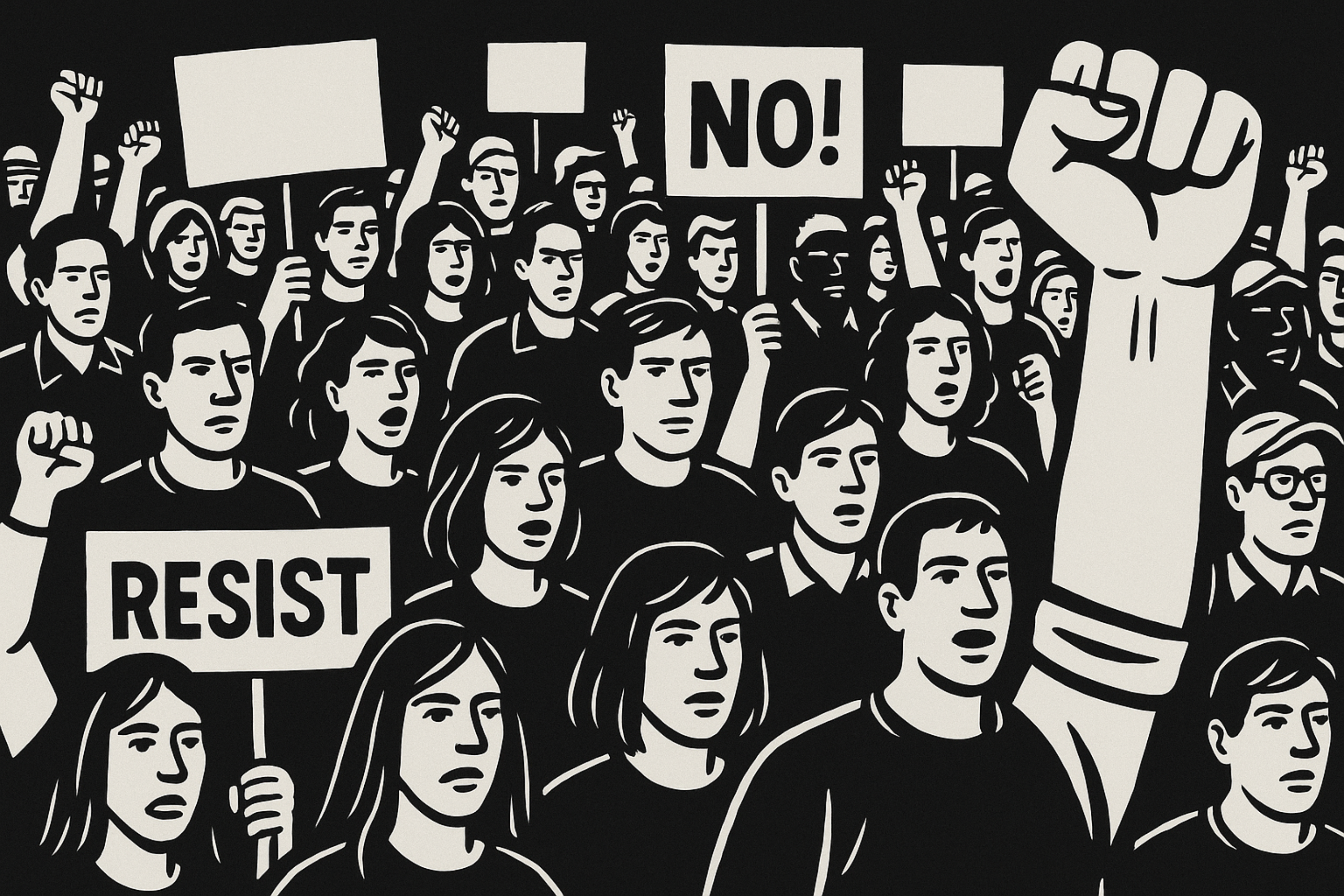 Illustration of a crowd with protest signs and raised fists, featuring the word 'NO!' and the word 'RESIST'.