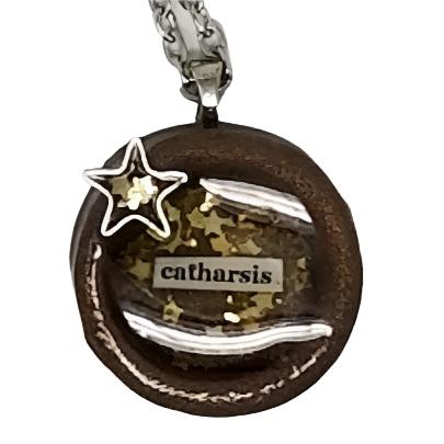 Round painted clay "catharsis" pendant filled with gold star sequins immersed in resin - Includes chain - Curio Memento