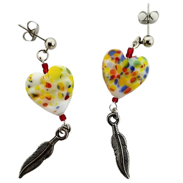 Speckled ceramic heart earrings with glass czech beads and feather accent - Curio Memento