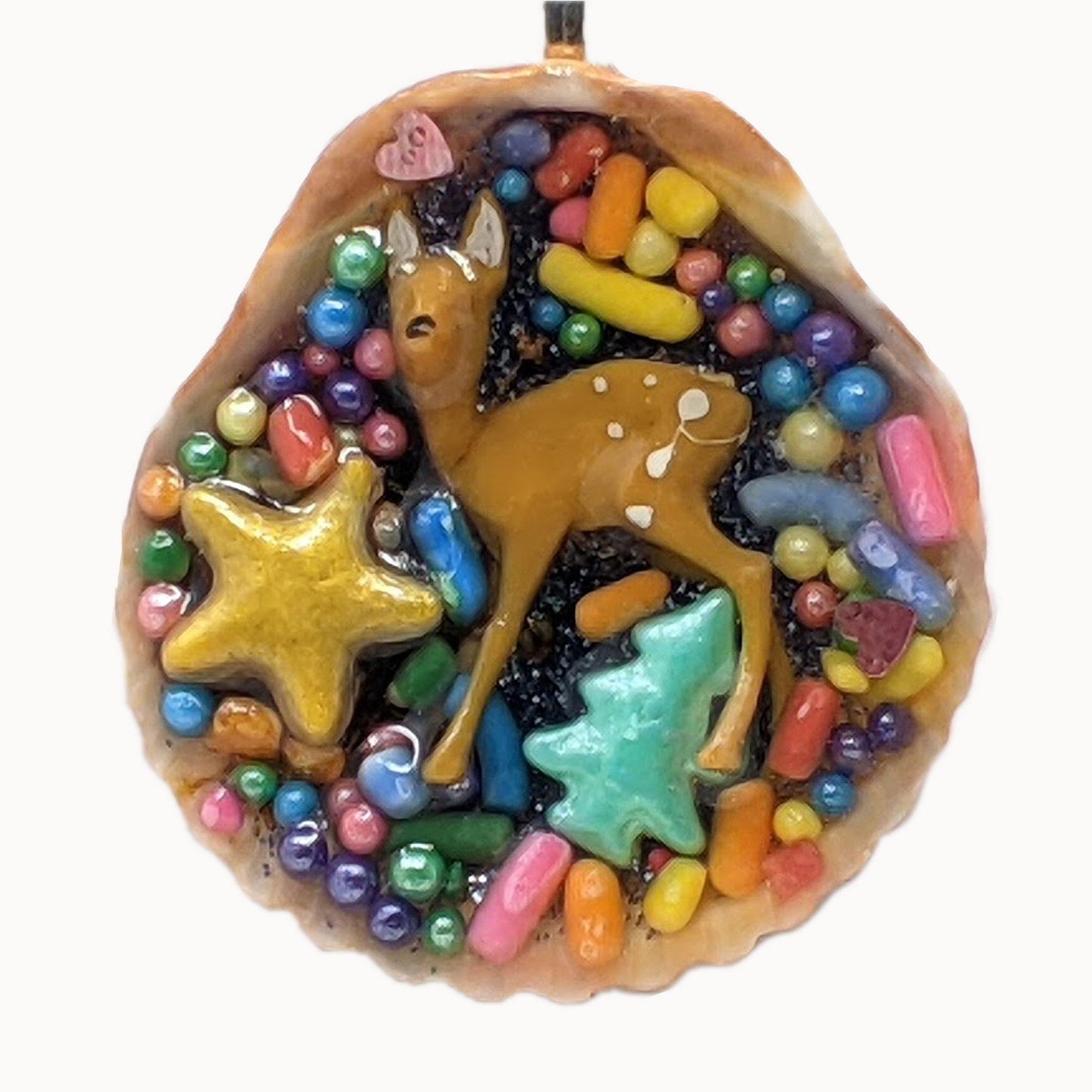 Deer and seashell pendant created using tiny plastic deer, candy sprinkles, sequins and glittered resin - Includes chain - Curio Memento