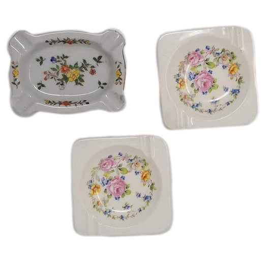 3 Dainty Floral Vintage Ashtrays - Curio Memento