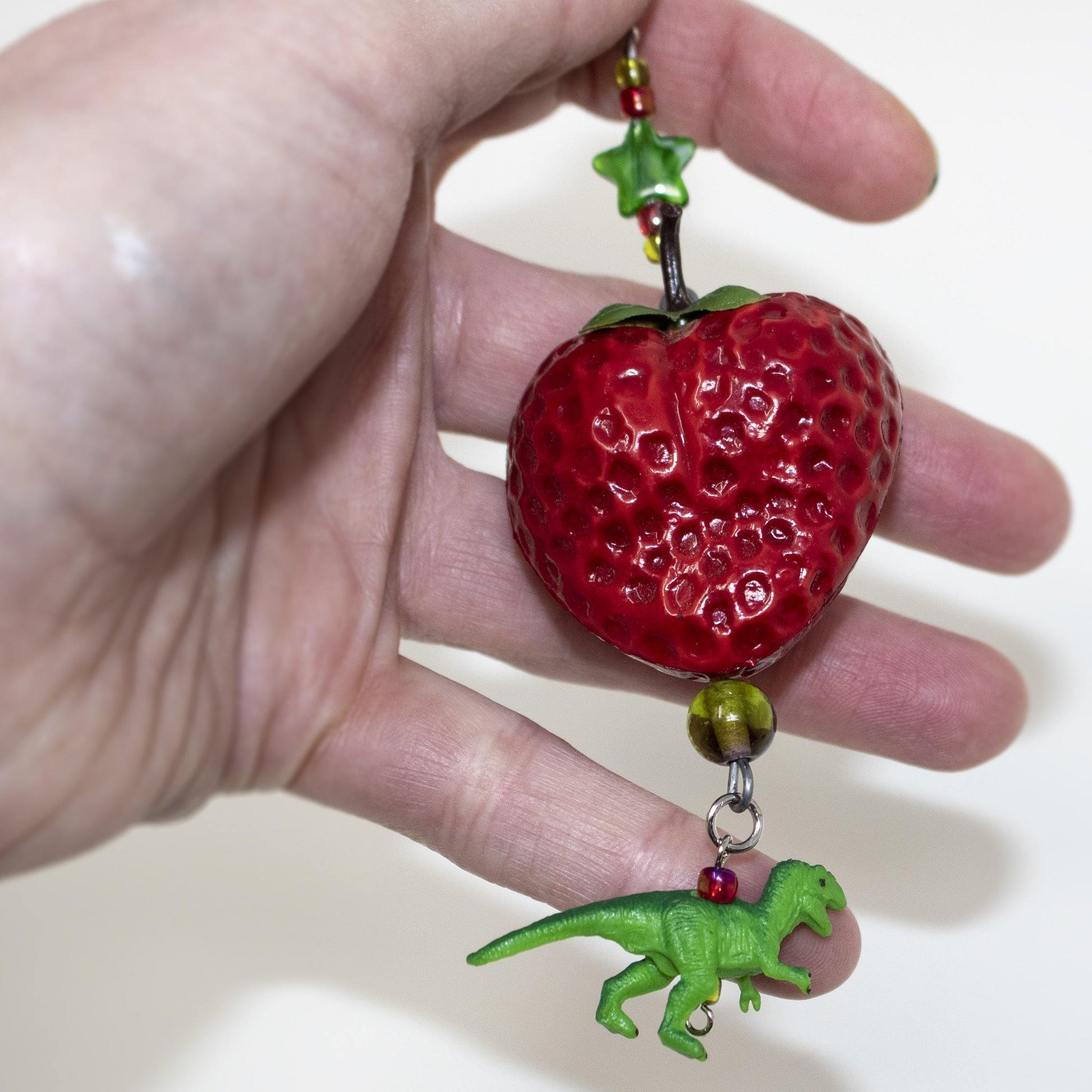 Kitschy Strawberry T-Rex Dinosaur Swag Earrings OOAK - Curio Memento