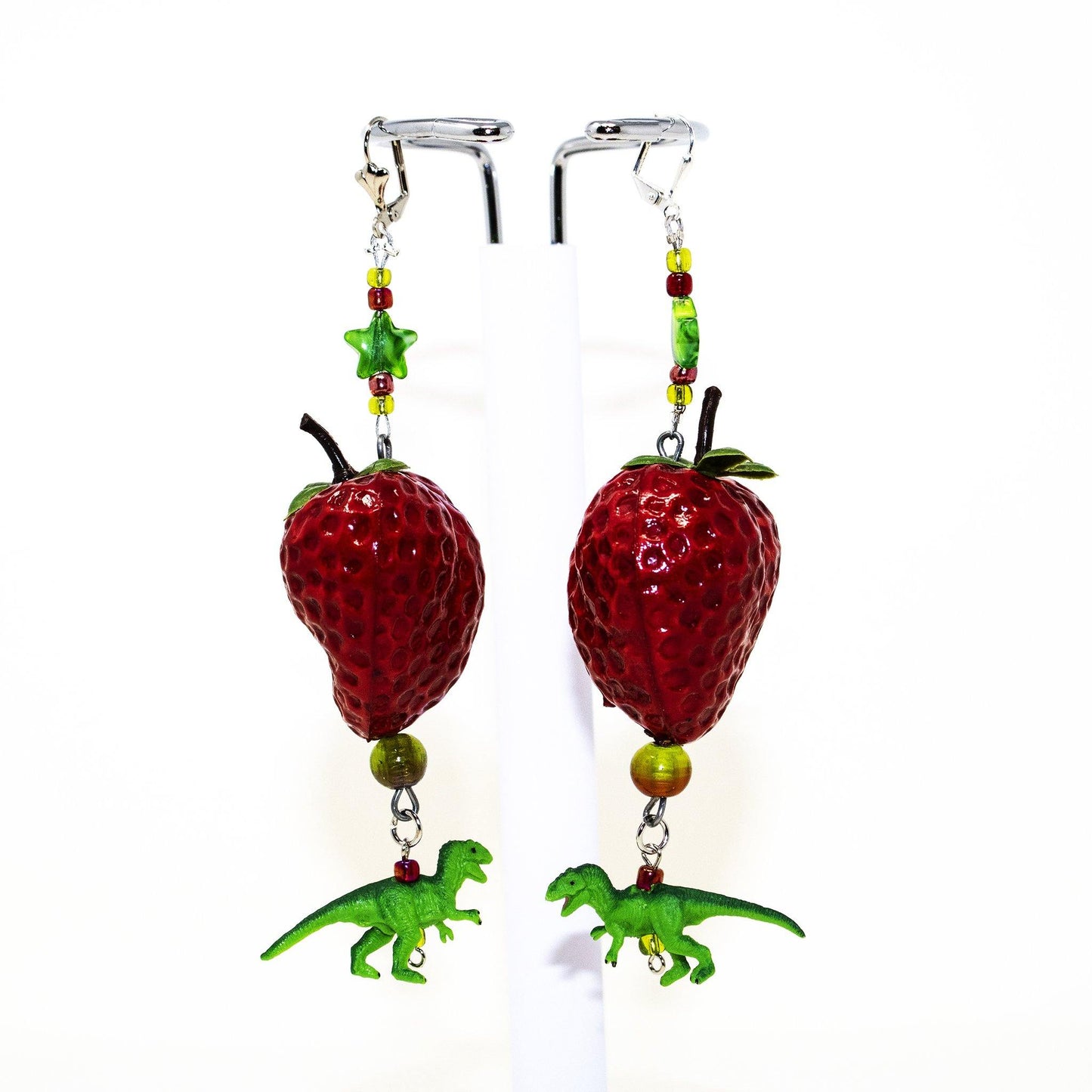 Kitschy Strawberry T-Rex Dinosaur Swag Earrings OOAK - Curio Memento