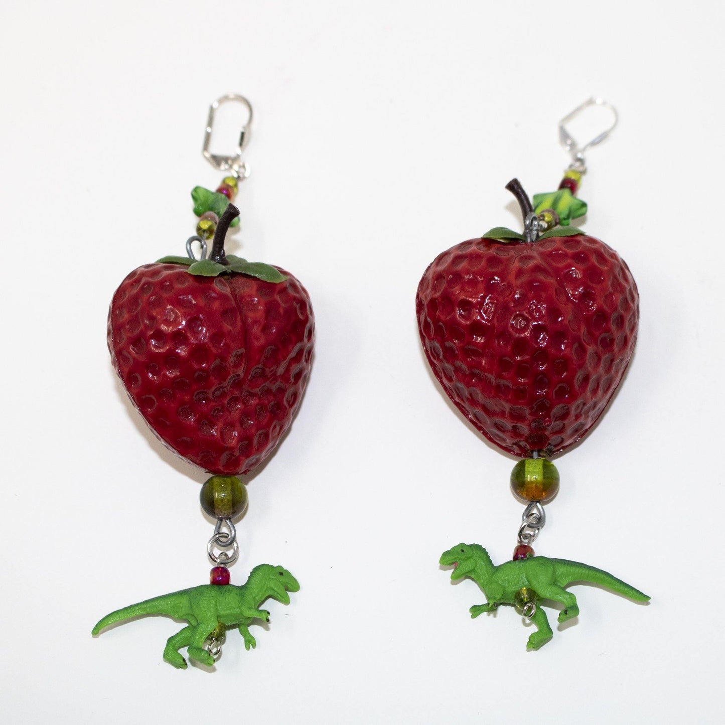 Kitschy Strawberry T-Rex Dinosaur Swag Earrings OOAK - Curio Memento