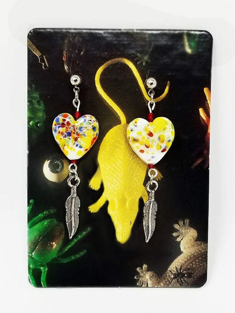 Speckled ceramic heart earrings with glass czech beads and feather accent - Curio Memento