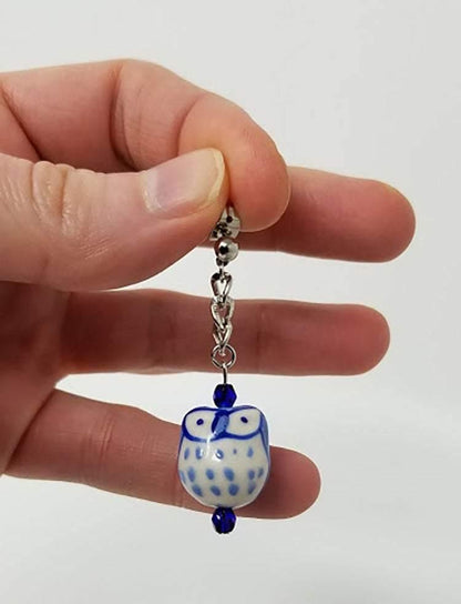 Blue ceramic owl earrings with blue Czech glass accents - Curio Memento