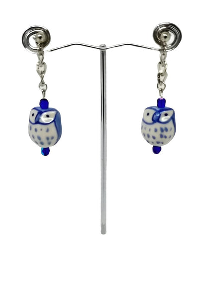 Blue ceramic owl earrings with blue Czech glass accents - Curio Memento