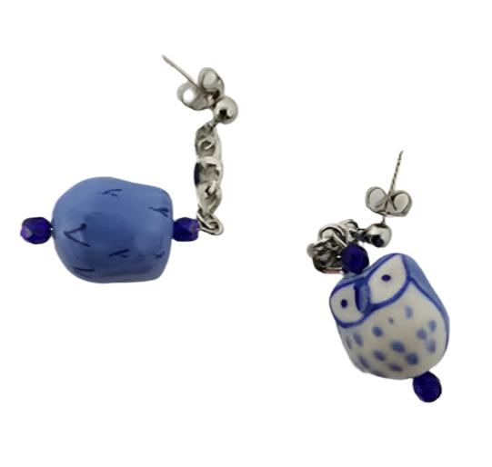 Blue ceramic owl earrings with blue Czech glass accents - Curio Memento