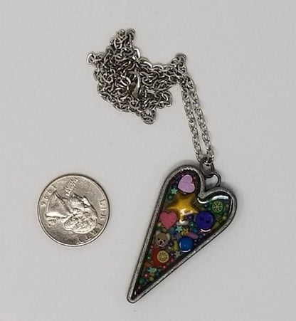 Silver heart pendant with sprinkles, polymer slices and sequins (hearts and stars) - Includes chain - Curio Memento