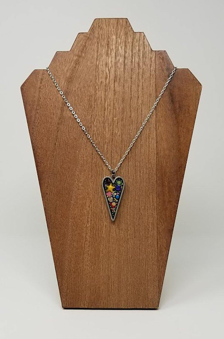 Silver heart pendant with sprinkles, polymer slices and sequins (hearts and stars) - Includes chain - Curio Memento