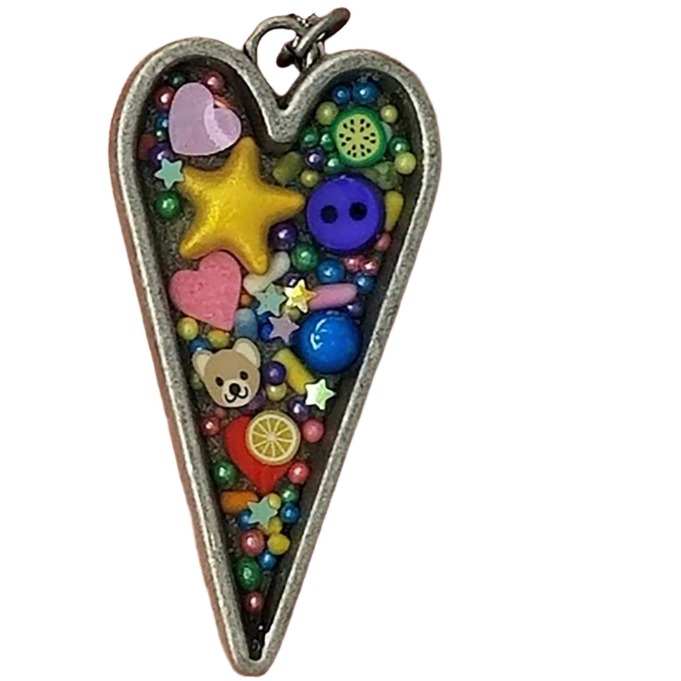 Silver heart pendant with sprinkles, polymer slices and sequins (hearts and stars) - Includes chain - Curio Memento