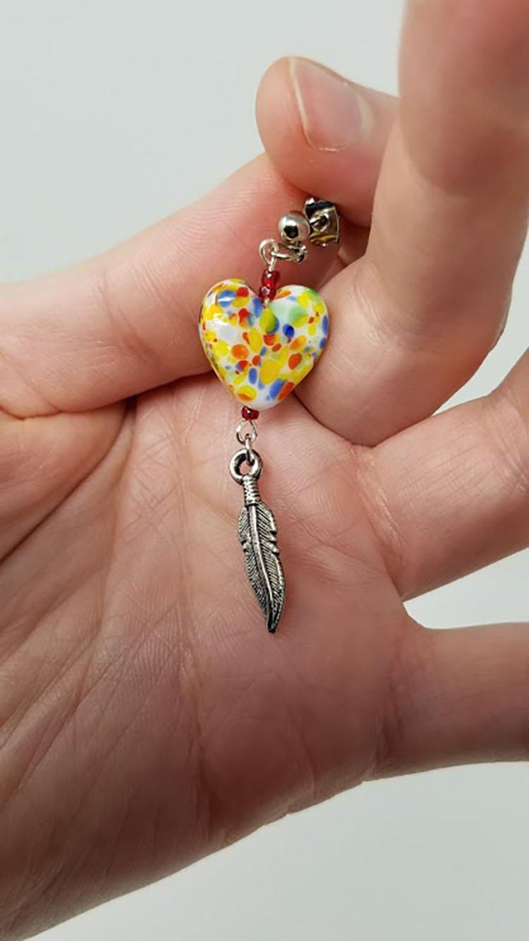 Speckled ceramic heart earrings with glass czech beads and feather accent - Curio Memento