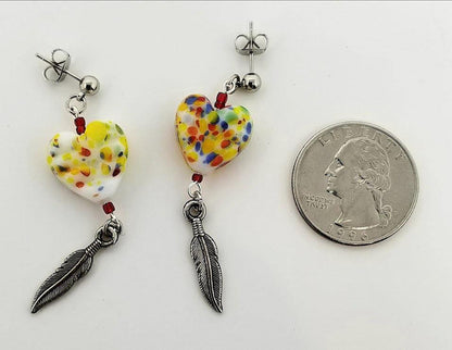 Speckled ceramic heart earrings with glass czech beads and feather accent - Curio Memento