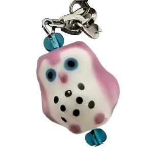 Pink ceramic owl earrings with baby blue Czech glass accents - Curio Memento