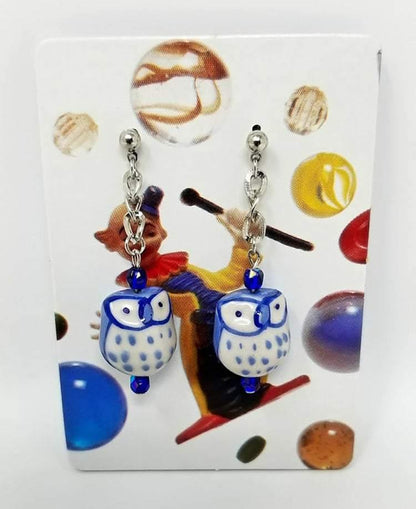 Blue ceramic owl earrings with blue Czech glass accents - Curio Memento