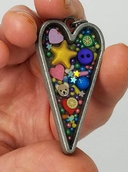 Silver heart pendant with sprinkles, polymer slices and sequins (hearts and stars) - Includes chain - Curio Memento