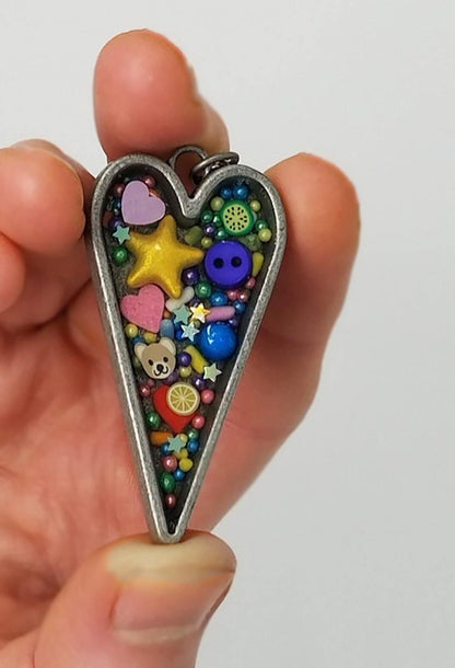 Silver heart pendant with sprinkles, polymer slices and sequins (hearts and stars) - Includes chain - Curio Memento