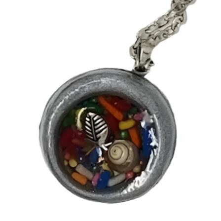 Round gray clay pendant filled with real candy sprinkles, metal leaf and tiny seashell immersed in resin - Includes chain - Curio Memento