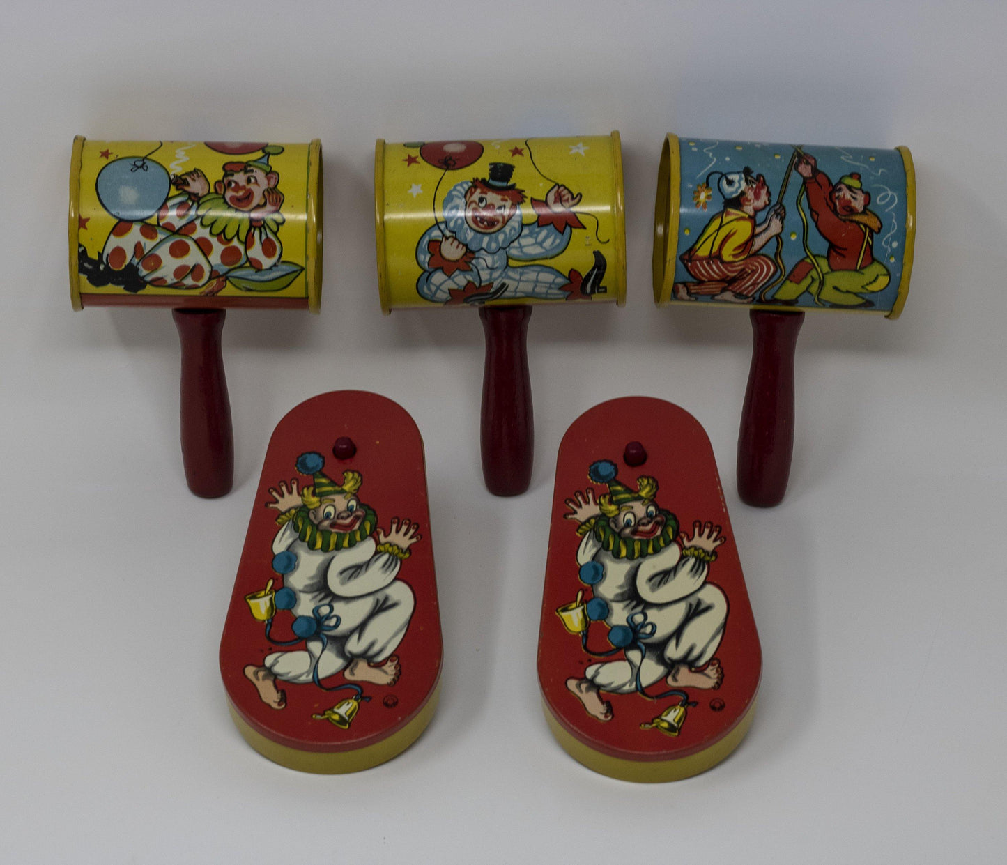 Set of 5 Vintage Circus Themed Litho Tin Metal Noisemakers - Curio Memento