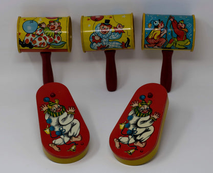 Set of 5 Vintage Circus Themed Litho Tin Metal Noisemakers - Curio Memento