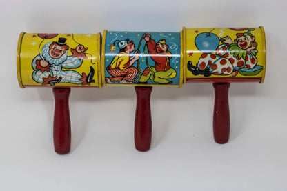 Set of 5 Vintage Circus Themed Litho Tin Metal Noisemakers - Curio Memento