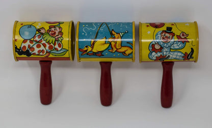 Set of 5 Vintage Circus Themed Litho Tin Metal Noisemakers - Curio Memento