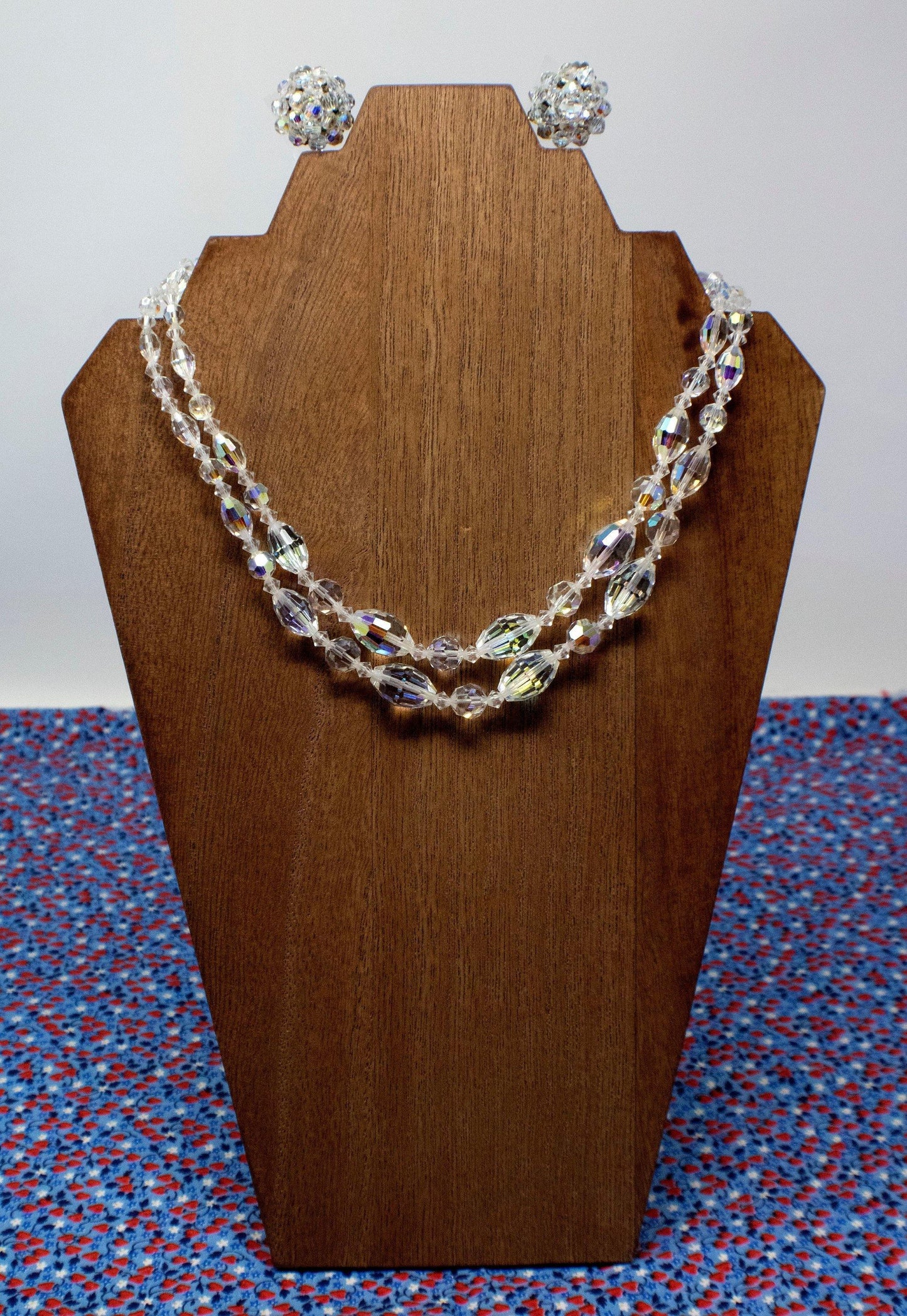 Parure - Beautiful Vintage Double Strand Aurora Borealis Crystal Necklace with Matching Earrings - Curio Memento