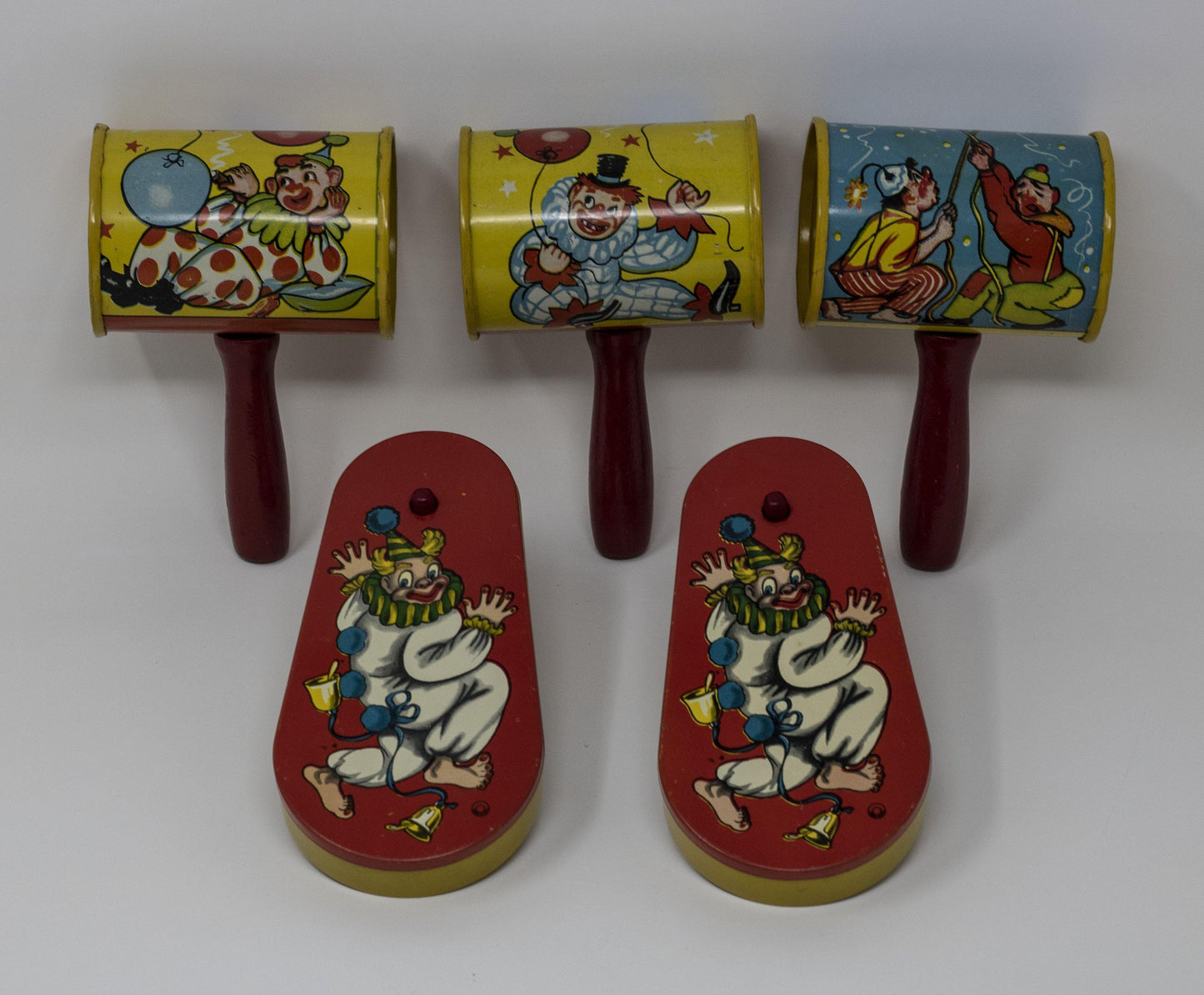 Set of 5 Vintage Circus Themed Litho Tin Metal Noisemakers - Curio Memento