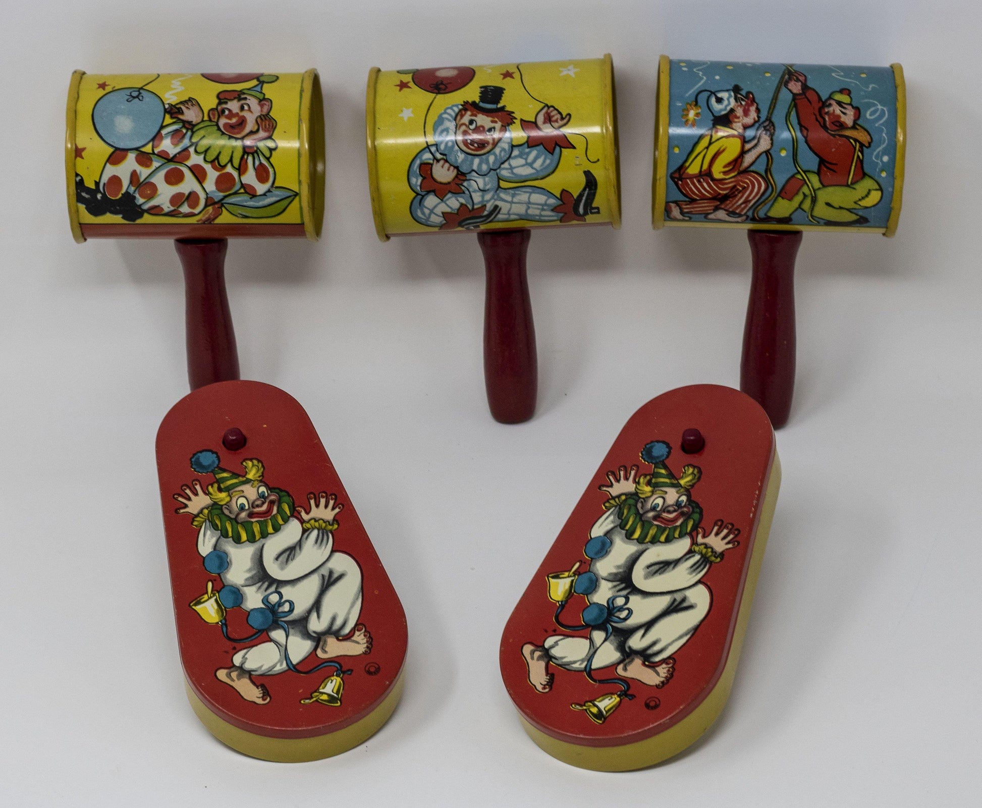 Set of 5 Vintage Circus Themed Litho Tin Metal Noisemakers - Curio Memento