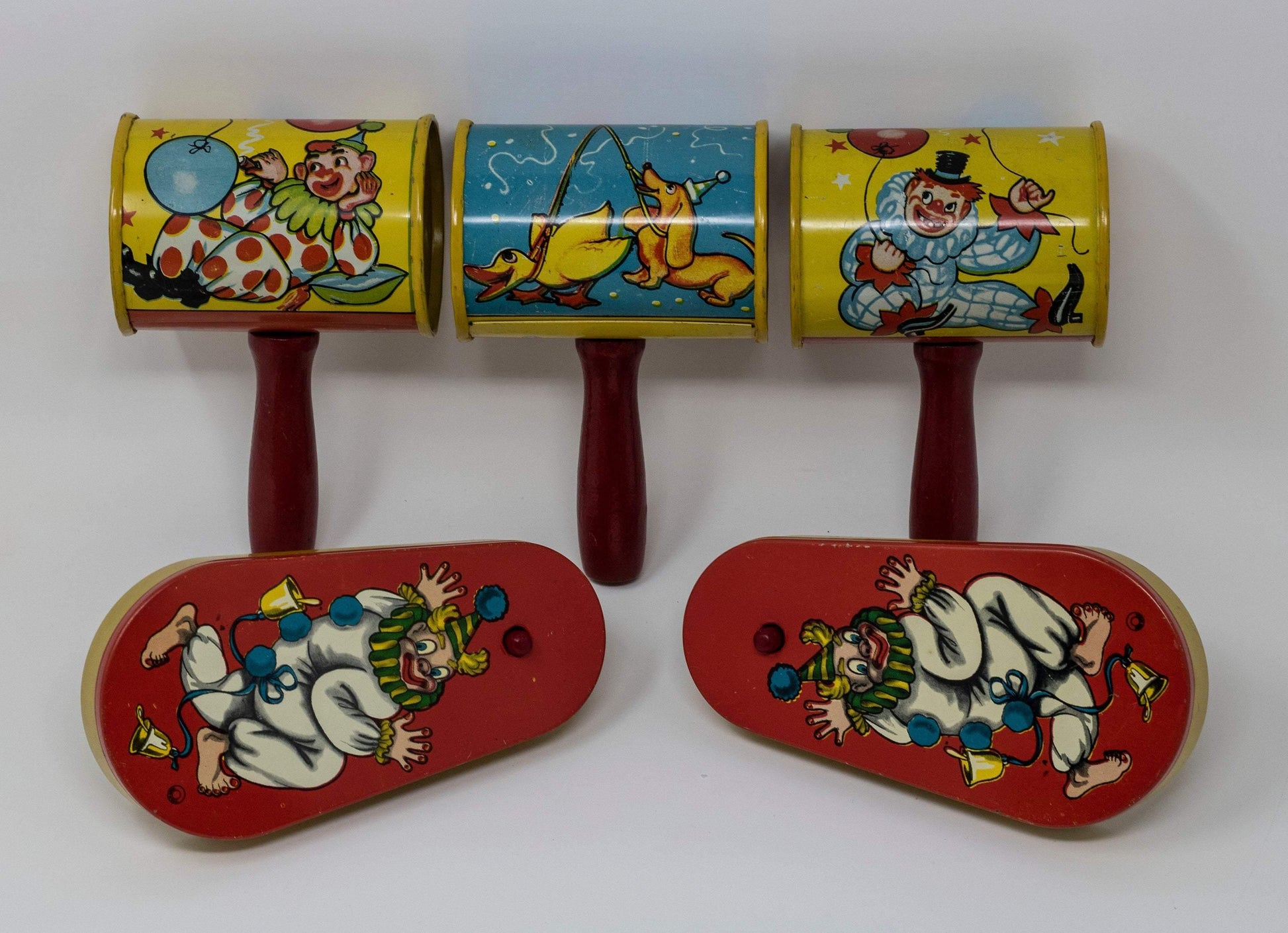 Set of 5 Vintage Circus Themed Litho Tin Metal Noisemakers - Curio Memento