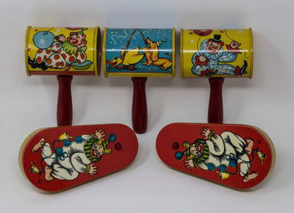 Set of 5 Vintage Circus Themed Litho Tin Metal Noisemakers - Curio Memento