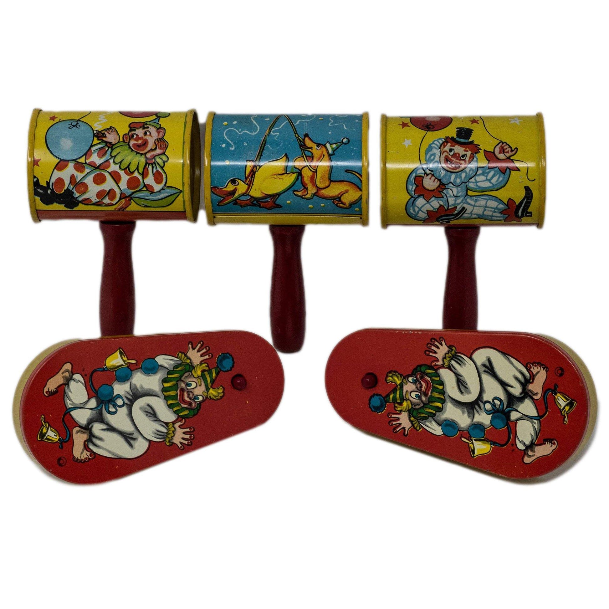 Set of 5 Vintage Circus Themed Litho Tin Metal Noisemakers - Curio Memento